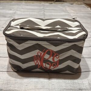 Brown & White Chevron Cosmetic Bag with Monogram wCg
